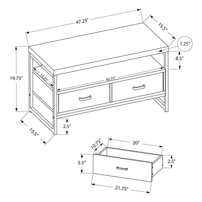 Monarch Specialties I 2871 | Meuble TV - 48" - 2 Tiroirs de rangement - Métal noir - Imitation bois Gris-SONXPLUS.com