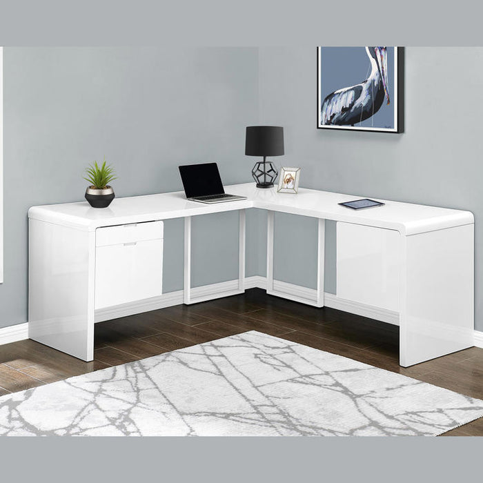 Monarch Specialties I 7582 | Meuble d'ordinateur - 70" - En coin - Conception en L - Configuration réversible - Avec tiroirs - Fini blanc lustré-SONXPLUS.com